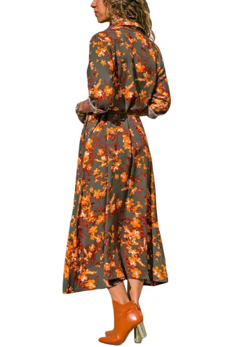 Taupe Floweret Print Buttoned Belted Shirt Dress