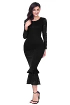 Black Hollow-out Long Sleeve Lace Ruffle Bodycon Midi Dress