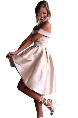 Pink Off Shoulder Pleated Satin Homecoming Dress