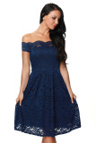 Blue Scalloped Off Shoulder Flared Lace Dress