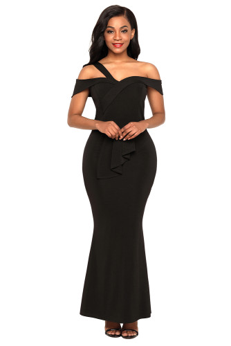 Black Asymmetric Off Shoulder Look High Waist Party Gown