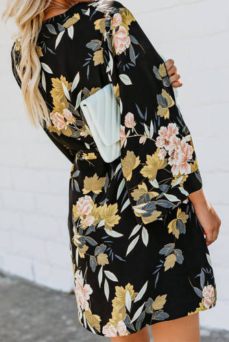 Black Casual V Neck 3/4 Sleeve Floral Dress