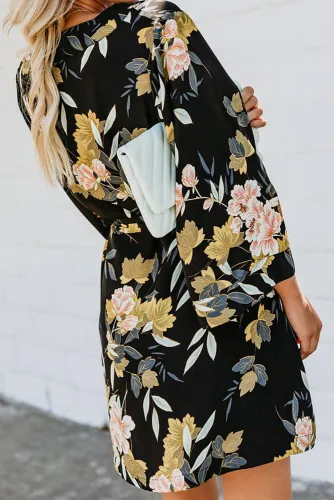 Black Casual V Neck 3/4 Sleeve Floral Dress