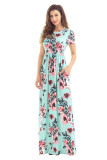 Pocket Design Short Sleeve Mint Floral Maxi Dress