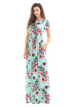 Pocket Design Short Sleeve Mint Floral Maxi Dress