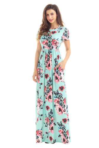 Pocket Design Short Sleeve Mint Floral Maxi Dress
