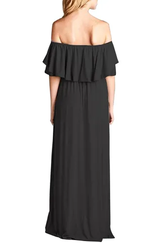 Black Off Shoulder Ruffle Maxi Casual Dress