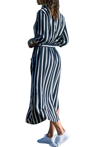 Contrast Vertical Striped Notch Lapel Belted Shirt Dress