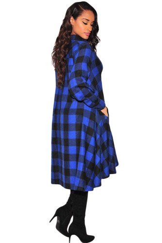 Blue Black Plaid Flared High Low Blouse Dress