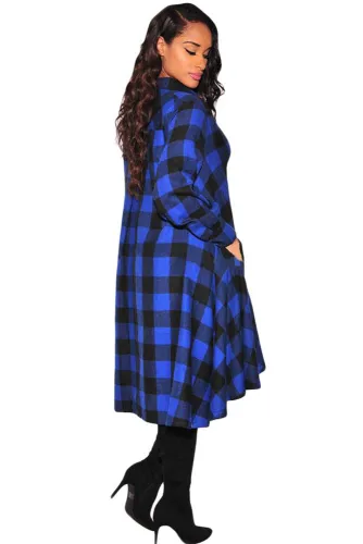 Blue Black Plaid Flared High Low Blouse Dress