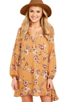 Mustard Floral Print V Neck Chiffon Dress