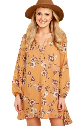 Mustard Floral Print V Neck Chiffon Dress
