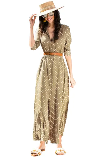 Olive Green Polka Dot Buttoned Maxi Shirt Dress