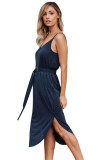 Blue Spaghetti Straps Drawstring Waist Midi Dress