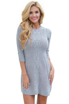 Grey Cable Knit Fitted 3/4 Sleeve Sweater Dress