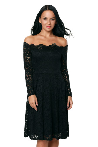 Black Long Sleeve Floral Lace Boat Neck Cocktail Swing Dress