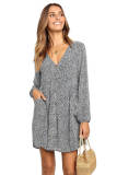 Black Printed V Neck Buttoned Long Sleeve Shirt Dress
