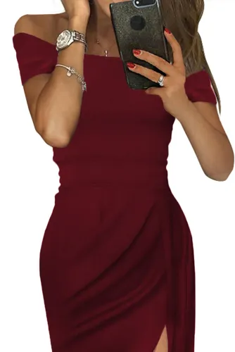 Red Off Shoulder Short Sleeve Party Dress
