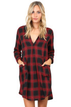 Red Black Plaid Pocket Style Shirt Dress