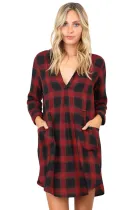 Red Black Plaid Pocket Style Shirt Dress