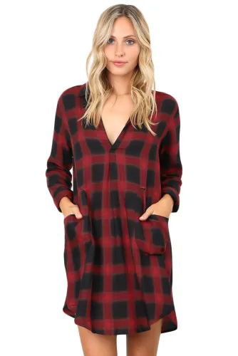 Red Black Plaid Pocket Style Shirt Dress