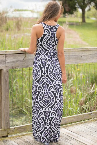 Black Contrast Damask Print Sleeveless Long Dress