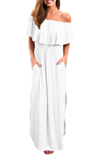 White Flounce Off Shoulder Maxi Jersey Dress