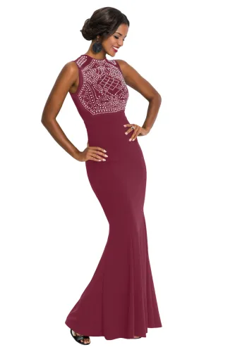 Rhinestone Embellished Bodice Burgundy Sleeveless Party Dress