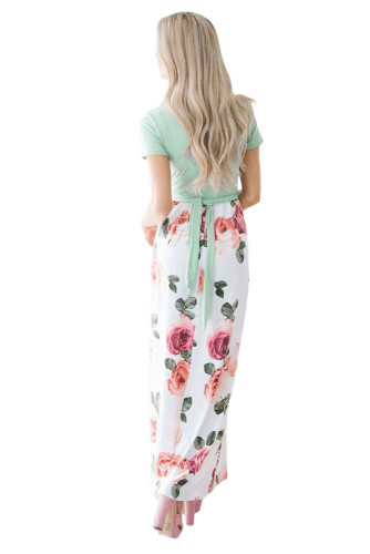 Mint White Floral Pocket Style Long Summer Dress