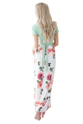 Mint White Floral Pocket Style Long Summer Dress