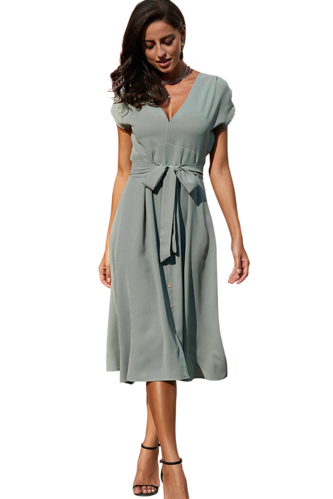 Chic V Neckline Buttons Design Green Midi Dress