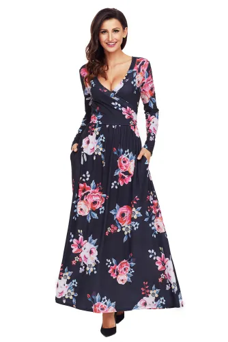 Black Floral Surplice Long Sleeve Maxi Boho Dress