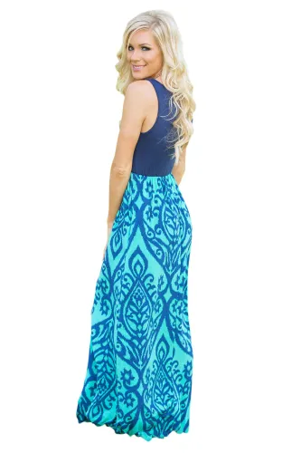 Light Blue Damask Print Sleeveless Long Boho Dress