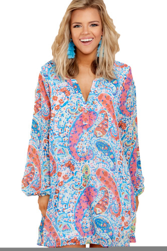 Abstract Fish Print V Neck Chiffon Dress