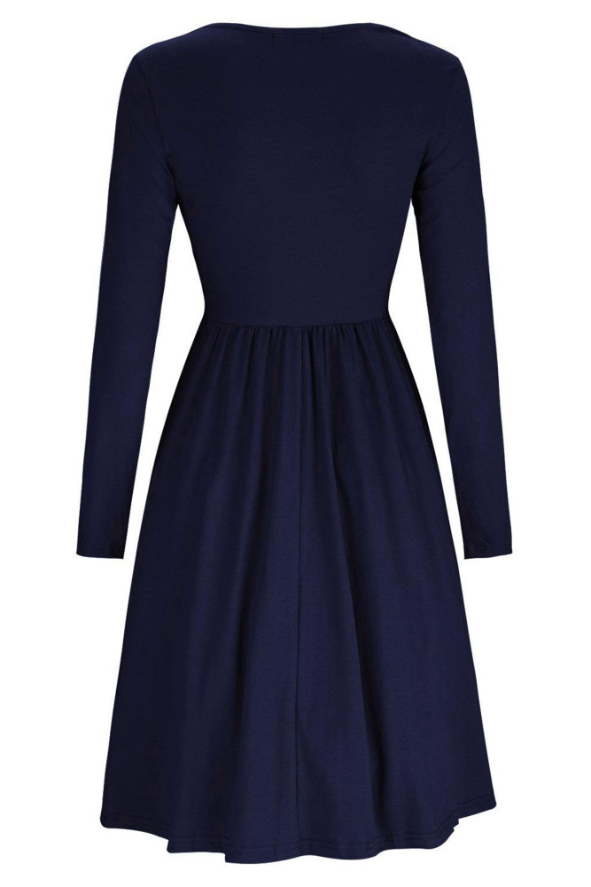 Navy Casual Buttoned Long Sleeve Swing Dress