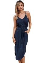 Blue Spaghetti Straps Drawstring Waist Midi Dress