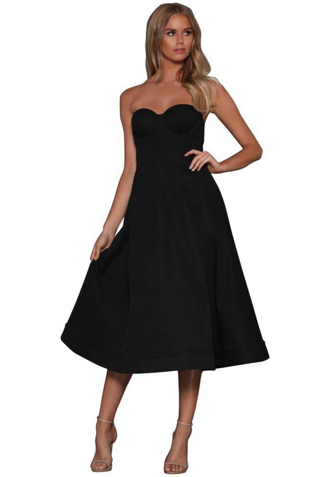 Black Sexy Cupped Strapless Midi Dress