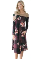 Burgundy Floral Checked Long Sleeve Casual Midi Dress