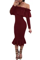 Burgundy Long Sleeve Ruffle Off Shoulder Dress