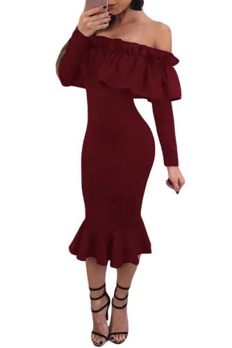 Burgundy Long Sleeve Ruffle Off Shoulder Dress
