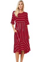 Burgundy White Striped Bell Sleeve Hi-low Midi Dress