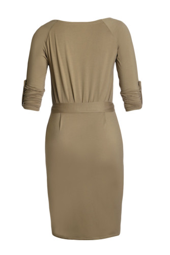 Olive Roll-tab Long Sleeve Tie Waist Midi Dress