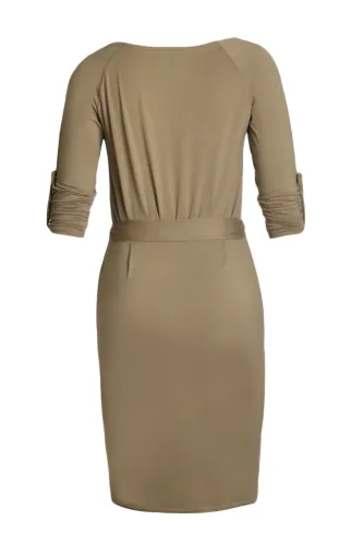 Olive Roll-tab Long Sleeve Tie Waist Midi Dress
