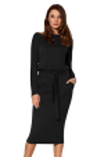 Black Roll-tab Long Sleeve Tie Waist Midi Dress