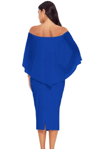 Blue Off Shoulder Sleeve Detail Bodycon Midi Dress