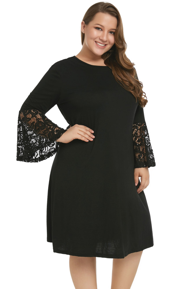 Black Sequin Lace Bell Sleeve Plus Size Mini Dress