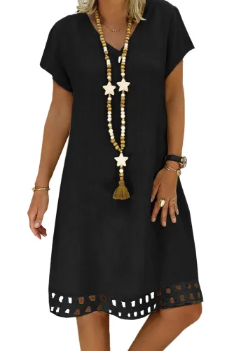 Black Short Sleeve V Neck A-Line Casual Shirt Dress