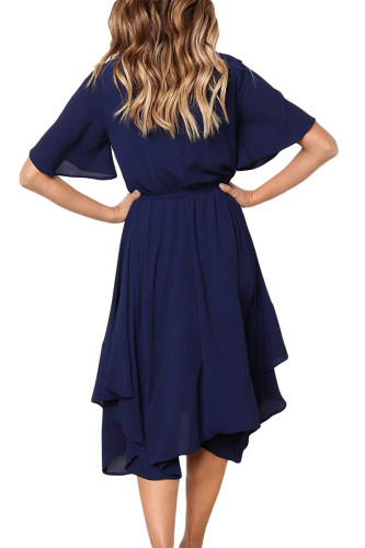 Blue Chiffon Irregular Hem Short Sleeve Pleated Dress
