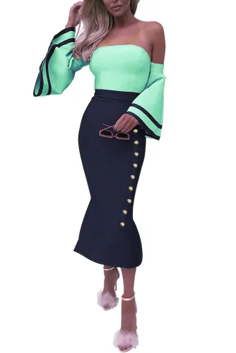 Sky Blue Flare Sleeve Button Bodycon Cocktail Party Dress