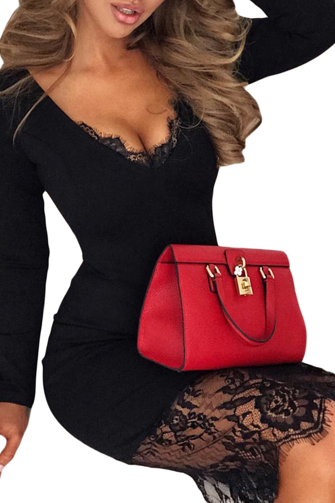 Black Eyelash Lace Overlay Long Sleeve Bodycon Dress